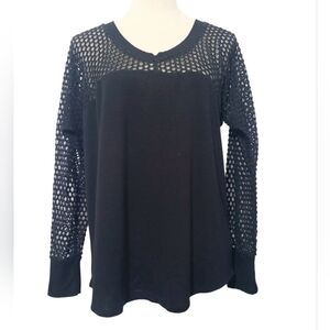 Gilson Woman's Black Mesh Yoke Long Sleeve Top Size XL Made in USA Sheer Sleeves